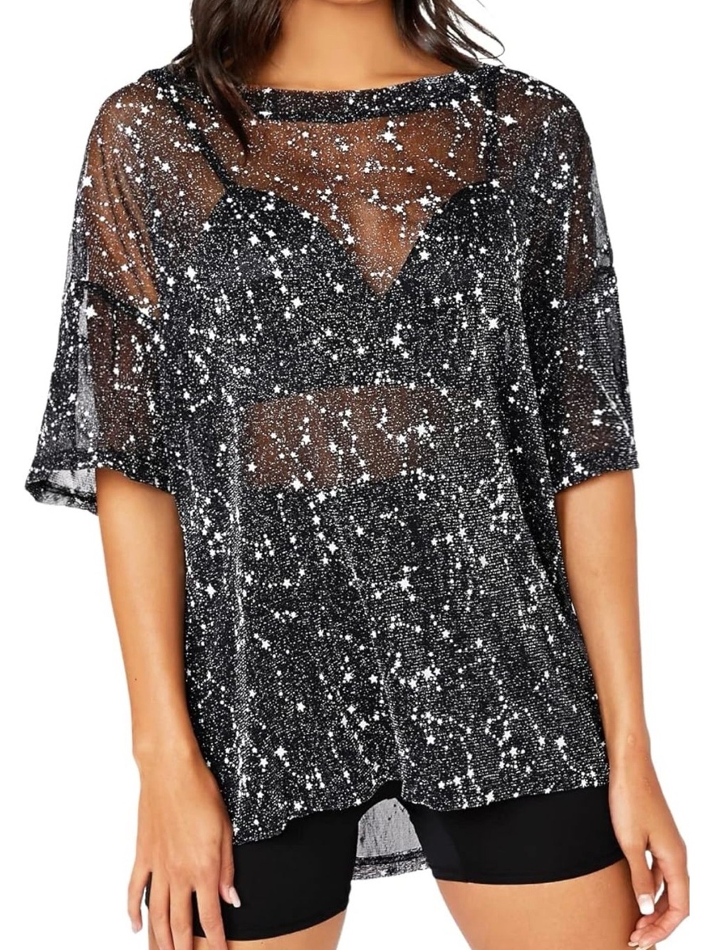 Black Star-Print Sheer Shoulder Short-Sleeve Top